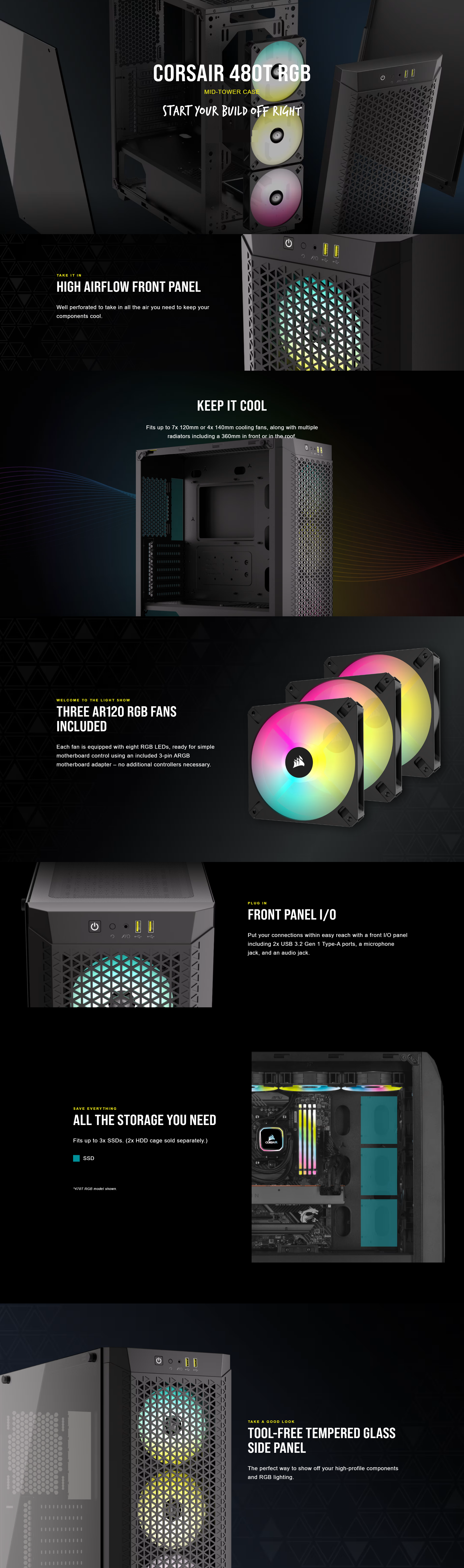 A large marketing image providing additional information about the product Corsair 480T RGB Airflow Mid Tower Case - Additional alt info not provided